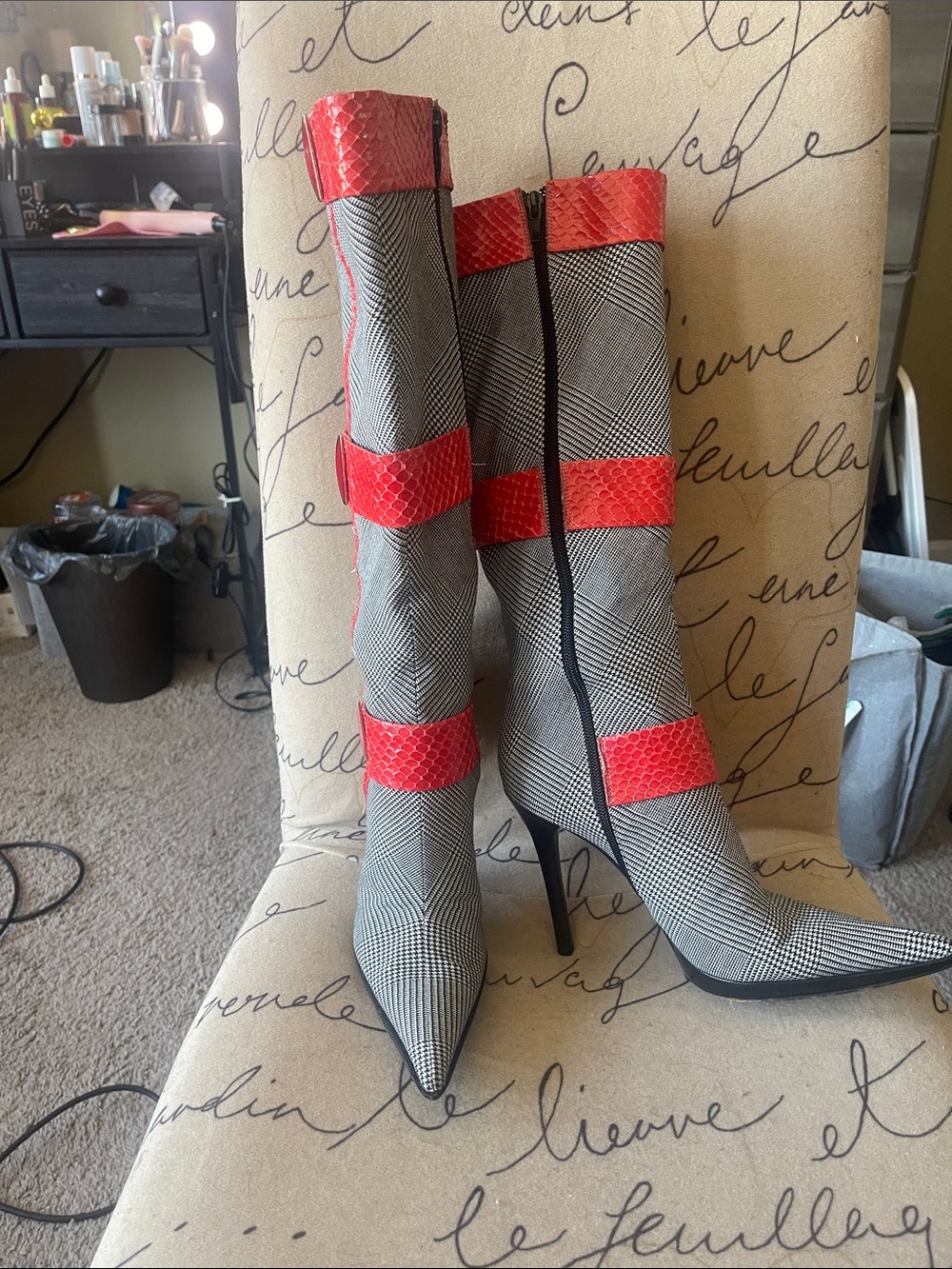Casadei Black-& White Plaid Knee-High Stiletto Boots with Red Snakeskin Accents